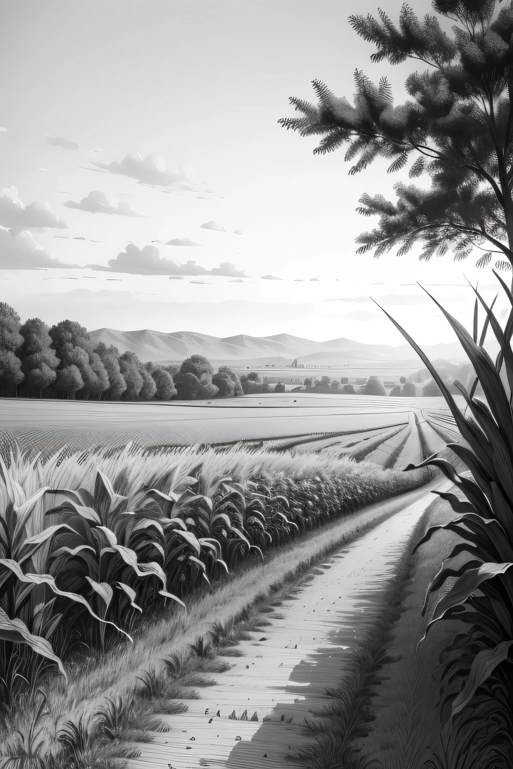 Picture of cornfield in background, Corn growing tall in the foreground, very detailed illustration, full page illustration, Very detailed ink illustration, Field diary line art, very detailed illustration, very detailed illustration.”, full page illustration, by Katherine Scott, by Carey Morris, black and white detailed sketch, detailed digital illustration, Pen and ink illustration