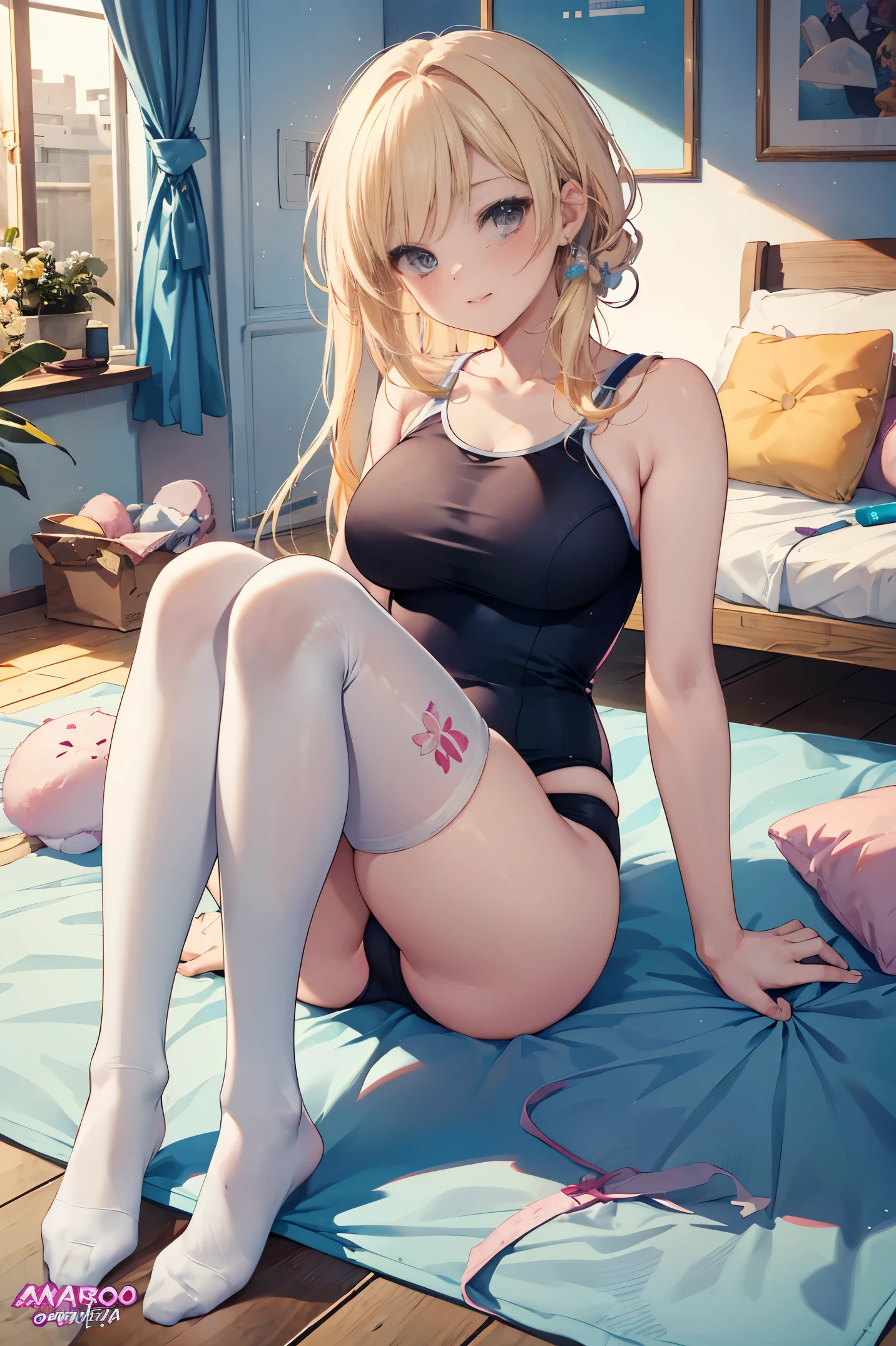 qualidade superior、membros completos、dedos completos、Beleza esbelta、sorriso、Wearing a school swimsuit、Wear knee-high socks、quarto escurecido、todos os quatro