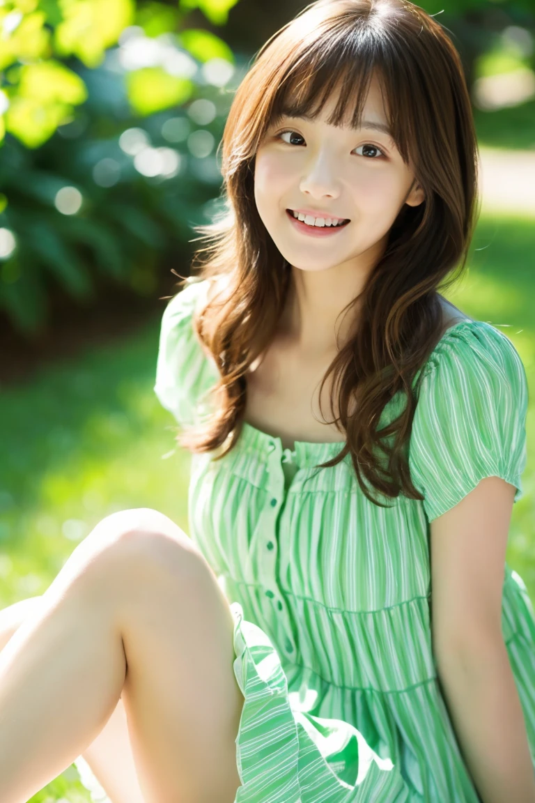 1girl, cute, casting, grin, looking at viewer, photo, realistic, soft green color background, masterpiece, best quality, super detail
