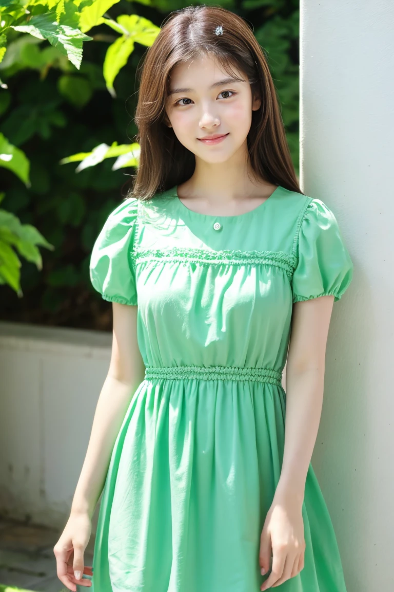 early summer、a beauty girl、18year old、Open your mouth a little、Pale green summer dress with short sleeves、