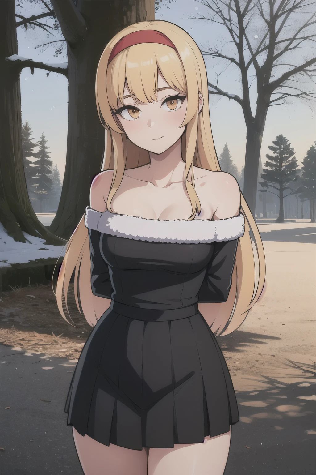 1girl, blonde hair, long hair, orange eyes, red hairband, standing, white ruffle off-the-shoulder top, black skirt, park, trees, beautiful backround, perfect eyes, looking at viewer, arms behind back, (winter:1.2), pov