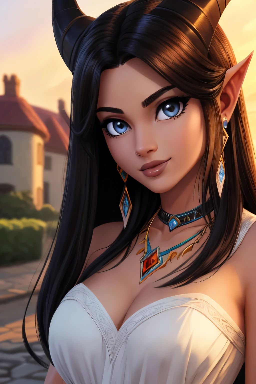 ((ultra quality)), ((tmasterpiece)), draeneika, world of warcraft, ((black long straight hair)), (earrings in the ears), (There are horns), (Beautiful cute face), (beautiful female lips), Charming, ((sexy facial expression)), looking at the camera smiling softly, eyes slightly open, (Skin color: blue), Body glare, ((detailed beautiful female eyes)), ((dark brown eyes)), (juicy female lips), (black eyeliner), (beautiful female hands), ((perfect female figure)), perfect female body, Beautiful waist, Gorgeous hips, Beautiful medium breasts, ((Subtle and beautiful)), seductively worth it (close-up of the face), (Dressed in a white dress, necklace around her neck) background: country house, street, Sundown, ((Depth of field)), ((high quality clear image)), (crisp details), ((higly detailed)), Realistic, Professional Photo Session, ((Clear Focus)), the anime