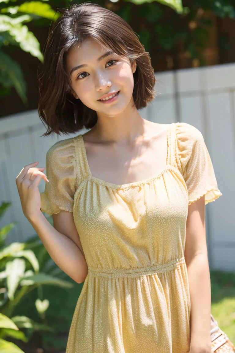 early summer、a beauty girl、18year old、Open your mouth a little、Beige summer dress with short sleeves、A dark-haired、
