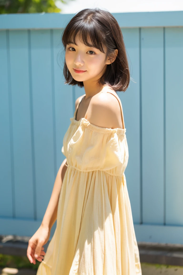 early summer、a beauty girl、18year old、Open your mouth a little、Beige summer dress with short sleeves、A dark-haired、