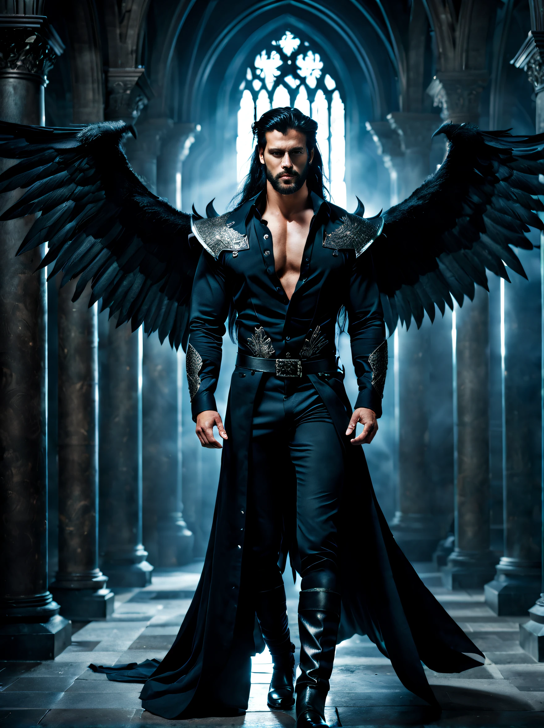 (extremely detailed 8K wallpaper), masterpiece 16k photo, an epic fantasy, medium shot of a male viking model with long black hair, male facial features in a black unbuttoned shirt, blue eyes, Strong jawline, fit body, how tall, full - body, prince aesthetics, Gothic architecture, no shirt, soft-lighting, beauty lighting , huge massive black demon wings, professional light, black dress, Detailed Face, Haute Couture Pose
