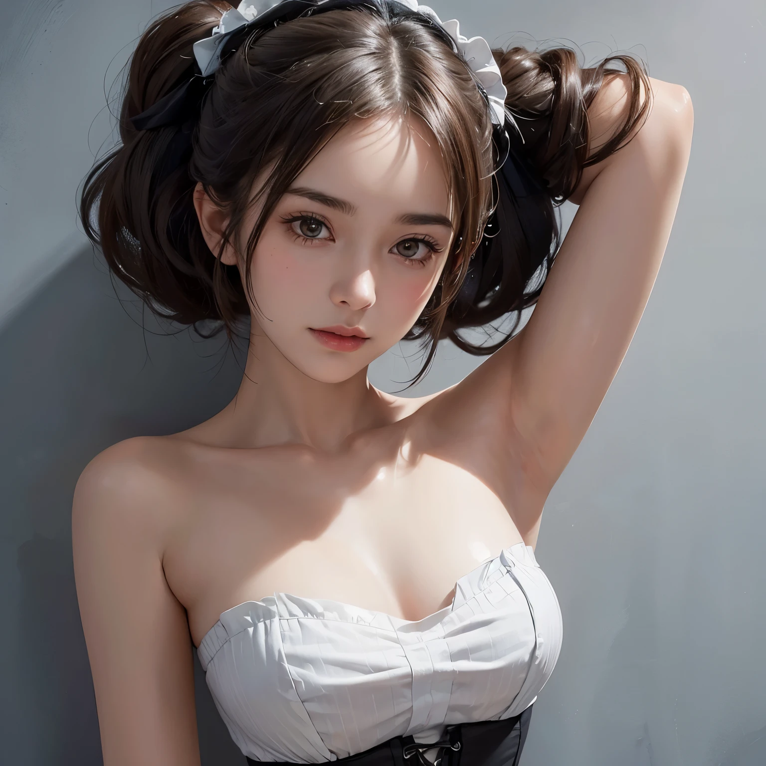 (ultra-detailed), simple background, a Victorian maid wearing sleeveless bodice with no undergarments, (strapless), (presenting armpit), (highly detailed and cute face), glossy skin, (pointy breasts), (no-makeup).