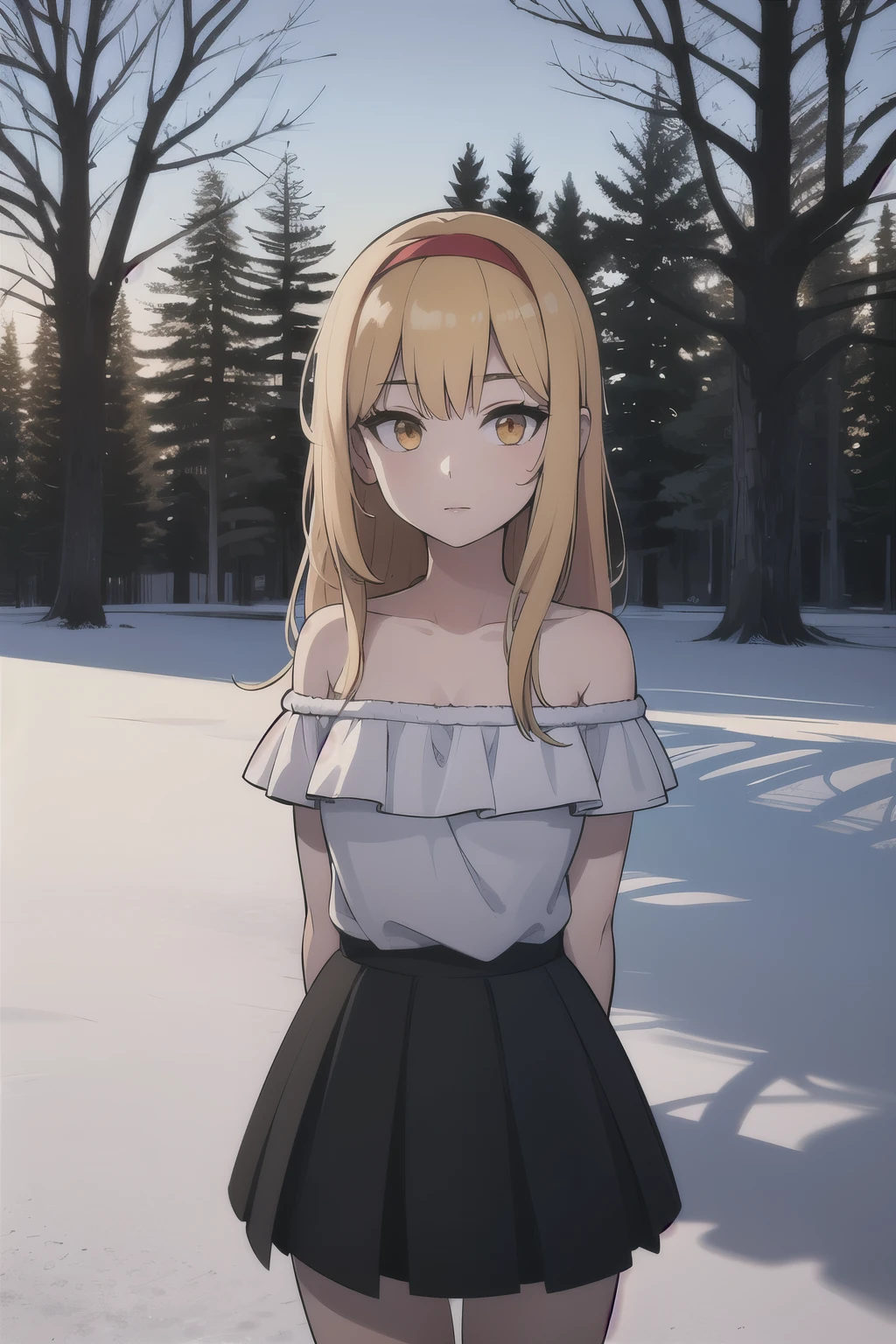 1girl, blonde hair, long hair, orange eyes, red hairband, standing, white ruffle off-the-shoulder top, black skirt, park, trees, beautiful backround, perfect eyes, looking at viewer, arms behind back, (winter:1.2), pov