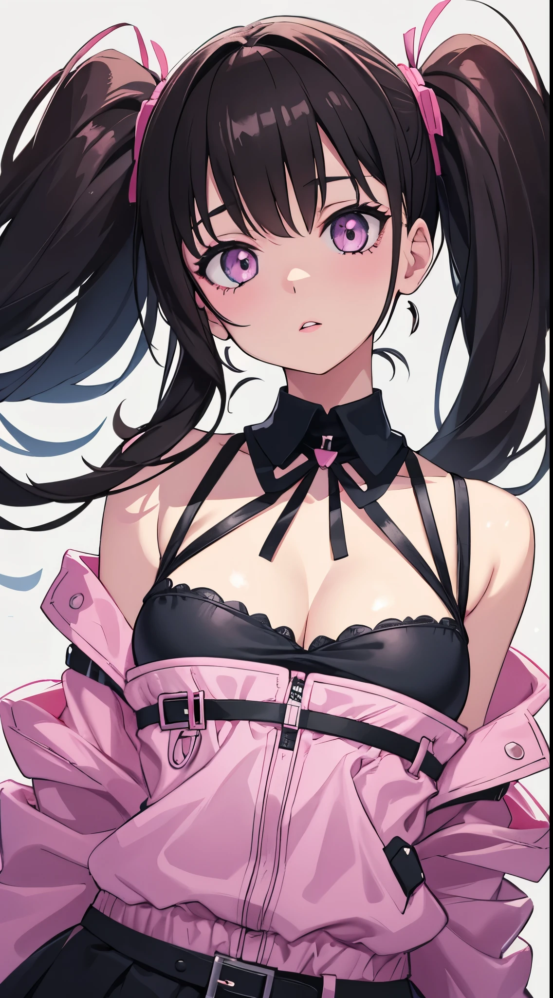 Little nice kids girl,Dark hair,Pink lips,Wearing a black shirt,Pastel palette Aurora Punk style,an anime illustration of her face,Animated GIFs,Hand-drawn animation,Captivating sketches,Smooth and shiny,Hazy romanticism,superflat style,White background -- ar 1:1--Nij 5--Style expression--s 50,cleavage,(Large breasts,The shoulder straps slip off)
