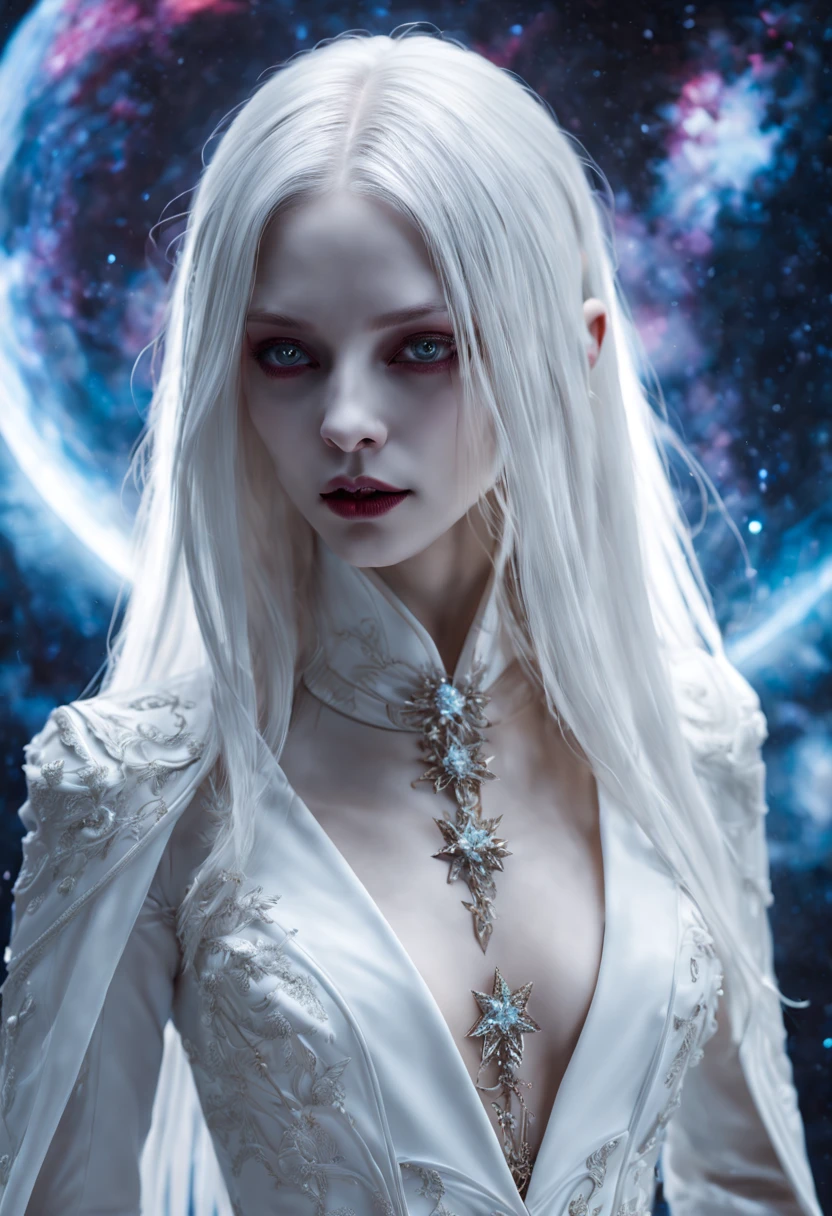 A (((bold graphic illustration))) by (((Luis Royo))) presents ((close-up)) an evil sorcerer with pure and enchanting composition. This scene is bathed in (((glowing light in the cold atmosphere))) that has supernatural powers and apparitions recorded in (((Light painting photography))) Important people wear costumes. (((A strikingly luxurious black and white robe)) ) reveals a twisted elegance. With (((piercing eyes and pale skin))) every detail and color is reproduced with remarkable precision, astonishing, filling full scene (Another Sublime World) that challenges the boundaries of reality.