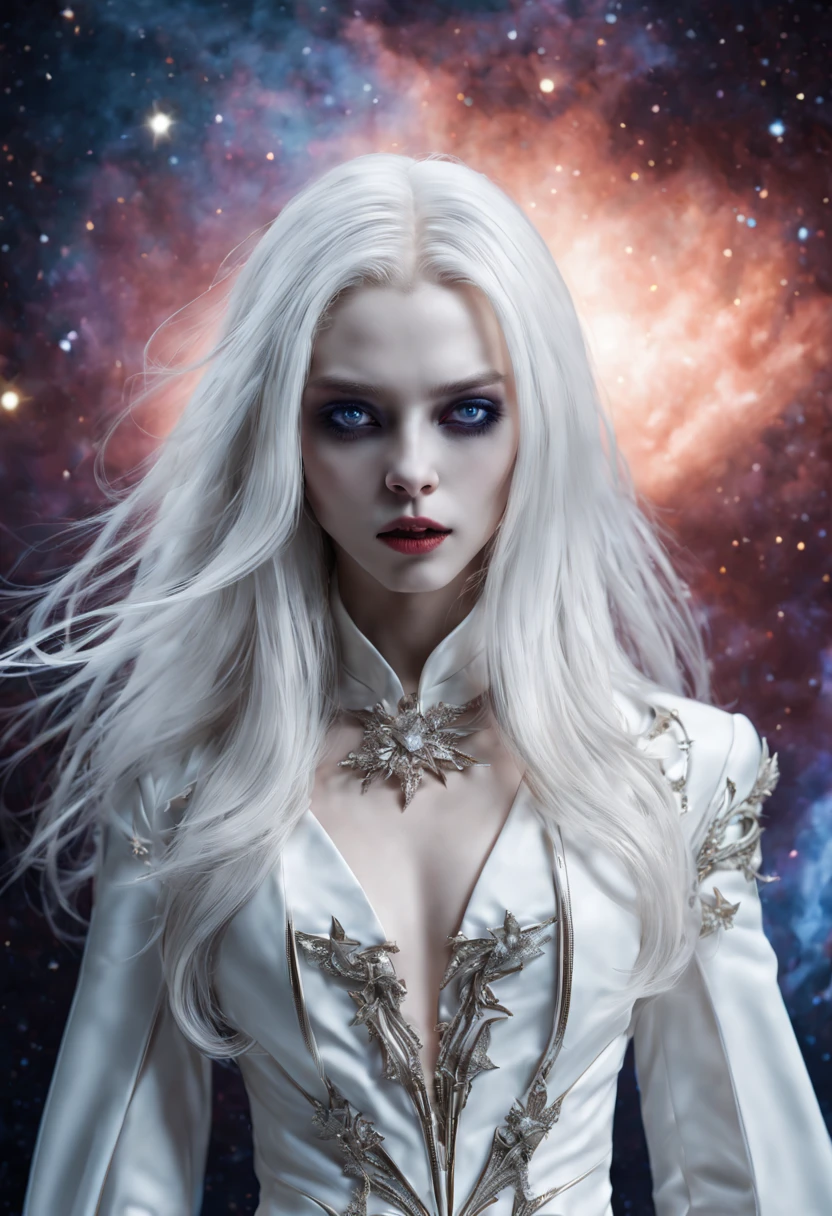 Crazy detailed photos of a gorgeous vampire alien, reuthentic, Long white hair, complicated eye roll, dream-like, Ethereal, ultra - detailed的, 32K resolution, 动态照明, Cover the navel, ultra - detailed, 错综Complicated details, Hot topics on artstation, white luxury suit, Volumetriclighting, BalenciagaStyle, cosmic nebula background, As estrelas, galaxias, Complicated details,