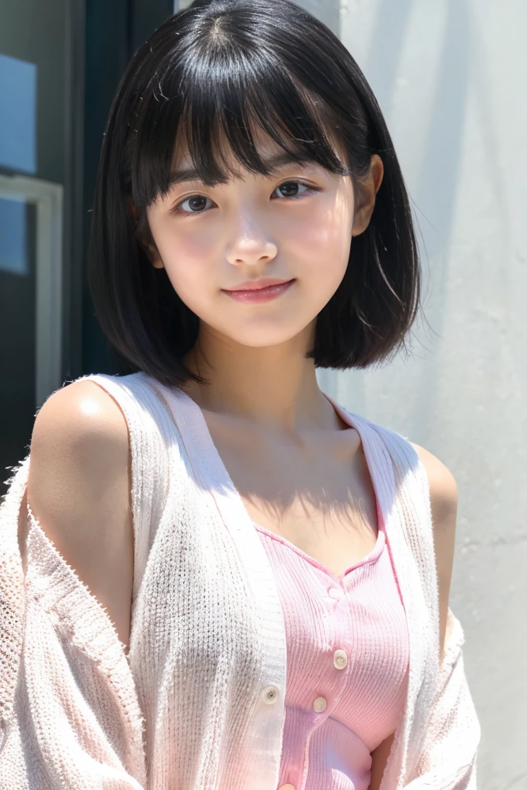 early summer、a beauty girl、ars、Open your mouth a little、black hair shorthair、White summer dress、light pink summer cardigan、