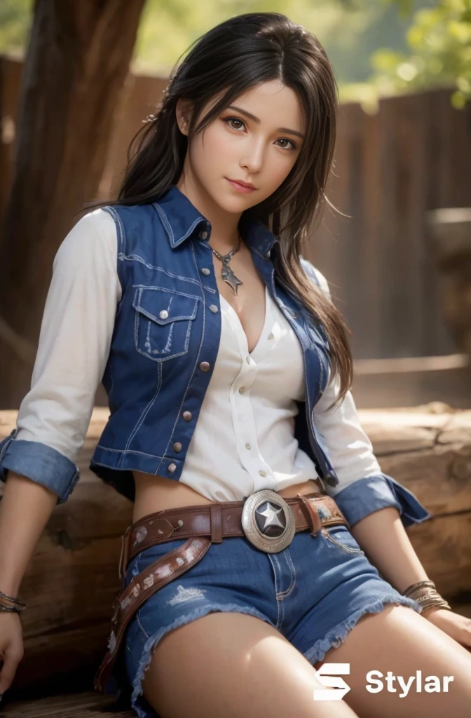 (best quality,ultra-detalhado),(Realistic:1.37),Tifa Lockhart, Rosto bonito e detalhado, maquiagem preta nos olhos, textura ultra realista, rosto delicado, expression a slight cute smile