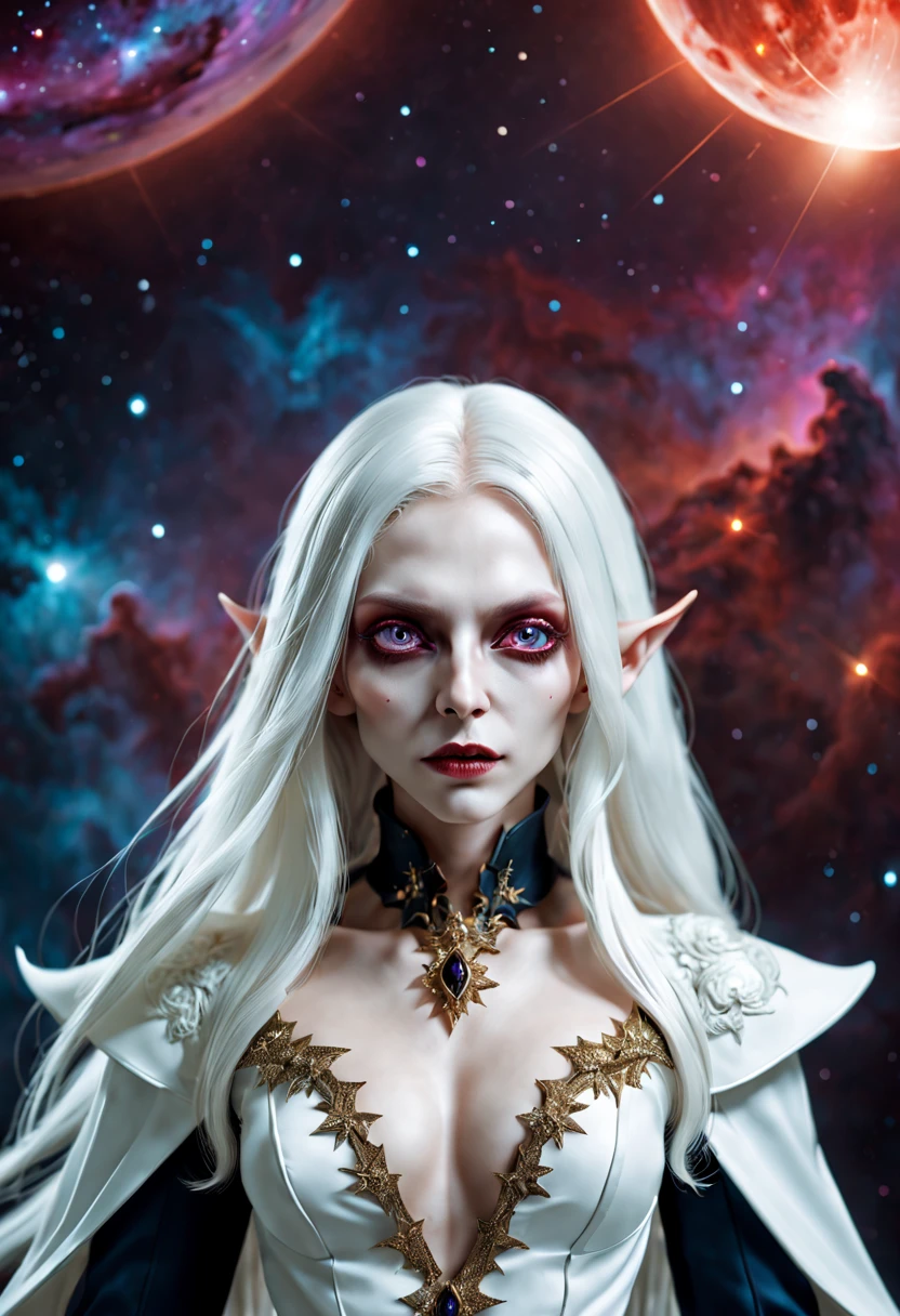 Crazy detailed photos of a gorgeous vampire alien, reuthentic, Long white hair, complicated eye roll, dream-like, Ethereal, ultra - detailed的, 32K resolution, 动态照明, ultra - detailed, 错综Complicated details, Hot topics on artstation, white luxury suit, Volumetriclighting, BalenciagaStyle, cosmic nebula background, As estrelas, galaxias, Complicated details,