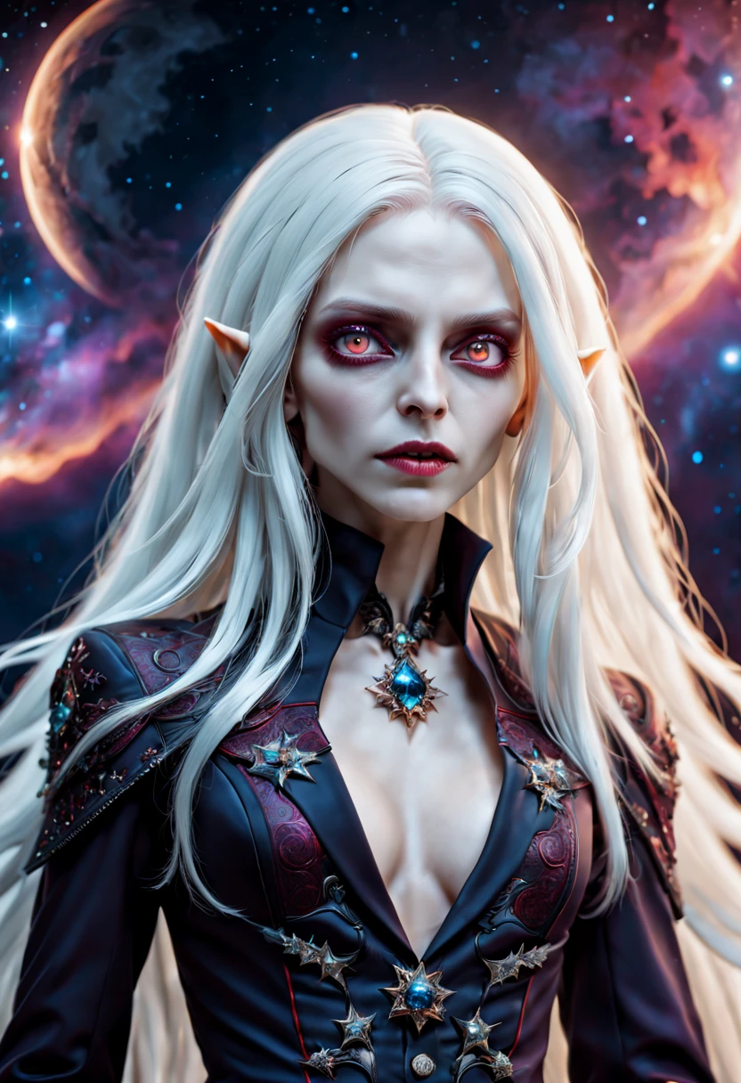 Crazy detailed photos of a gorgeous vampire alien, reuthentic, Long white hair, complicated eye roll, dream-like, Ethereal, ultra - detailed的, 32K resolution, 动态照明, ultra - detailed, 错综Complicated details, Hot topics on artstation, white luxury suit, Volumetriclighting, BalenciagaStyle, cosmic nebula background, As estrelas, galaxias, Complicated details,