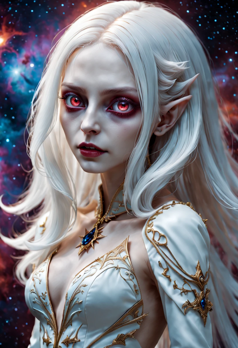 Crazy detailed photos of a gorgeous vampire alien, reuthentic, Long white hair, complicated eye roll, dream-like, Ethereal, ultra - detailed的, 32K resolution, 动态照明, ultra - detailed, 错综Complicated details, Hot topics on artstation, white luxury suit, Volumetriclighting, BalenciagaStyle, cosmic nebula background, As estrelas, galaxias, Complicated details,