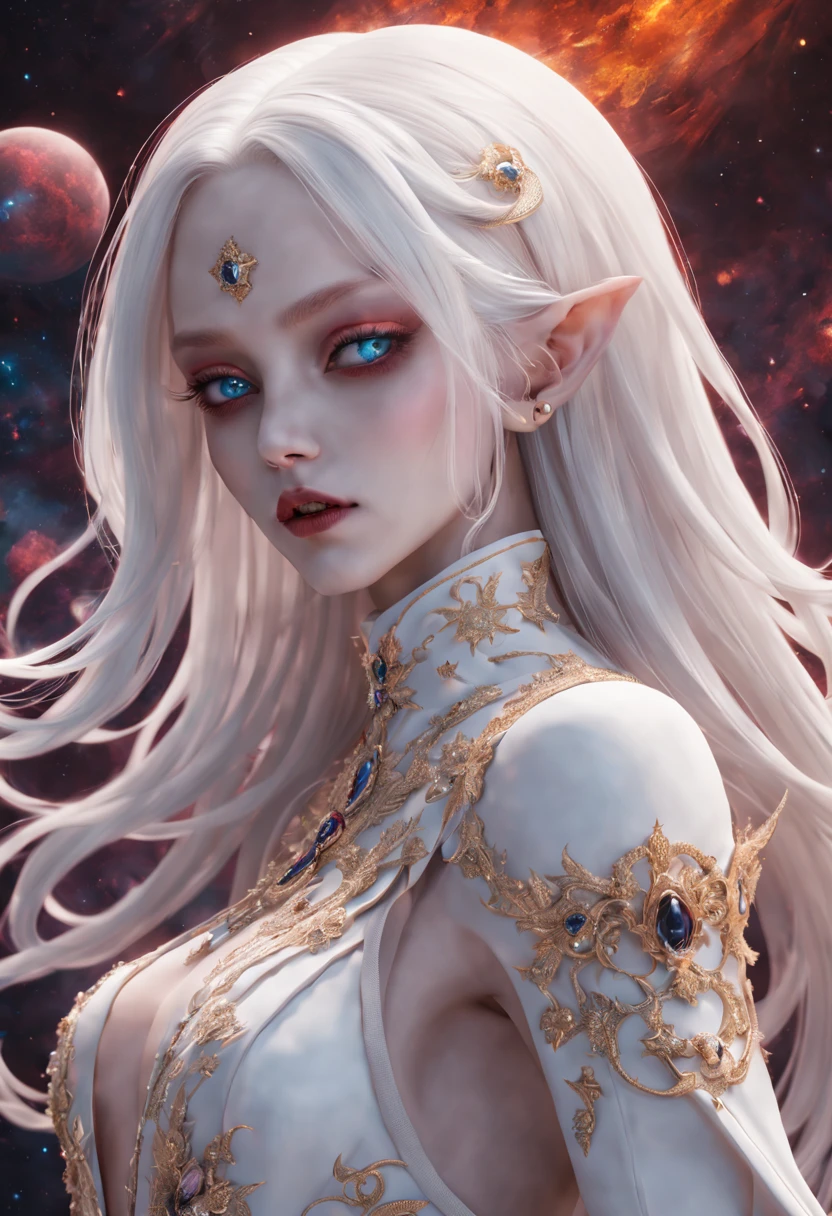 Crazy detailed photos of a gorgeous vampire alien, reuthentic, Long white hair, complicated eye roll, dream-like, Ethereal, ultra - detailed的, 32K resolution, 动态照明, ultra - detailed, 错综Complicated details, Hot topics on artstation, white luxury suit, Volumetriclighting, BalenciagaStyle, cosmic nebula background, As estrelas, galaxias, Complicated details,