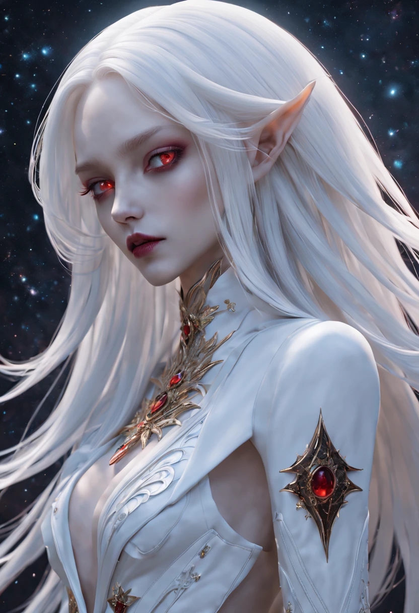 Crazy detailed photos of a gorgeous vampire alien, reuthentic, Long white hair, complicated eye roll, dream-like, Ethereal, ultra - detailed的, 32K resolution, 动态照明, ultra - detailed, 错综Complicated details, Hot topics on artstation, white luxury suit, Volumetriclighting, BalenciagaStyle, cosmic nebula background, As estrelas, galaxias, Complicated details,