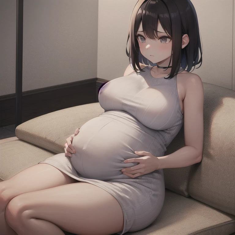 masterpiece, best quality, 1girl, solo, mature female, tomboy, straight hair, short hair, dark hair, dark eyes, pregnant, plump, white maternity gown, waiting room, frown, looking down, sitting