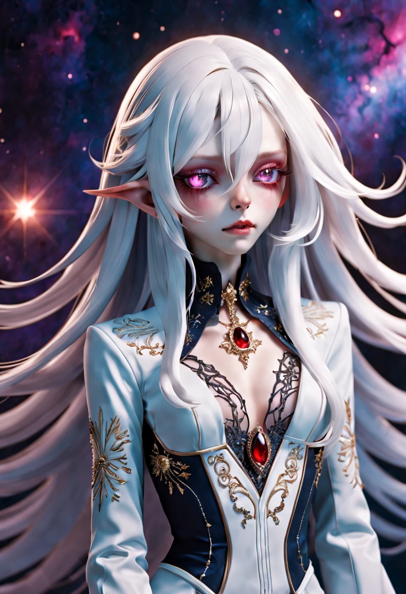 Crazy detailed photos of a gorgeous vampire alien, reuthentic, Long white hair, complicated eye roll, dream-like, Ethereal, ultra - detailed的, 32K resolution, 动态照明, ultra - detailed, 错综Complicated details, Hot topics on artstation, white luxury suit, Volumetriclighting, BalenciagaStyle, cosmic nebula background, As estrelas, galaxias, Complicated details,