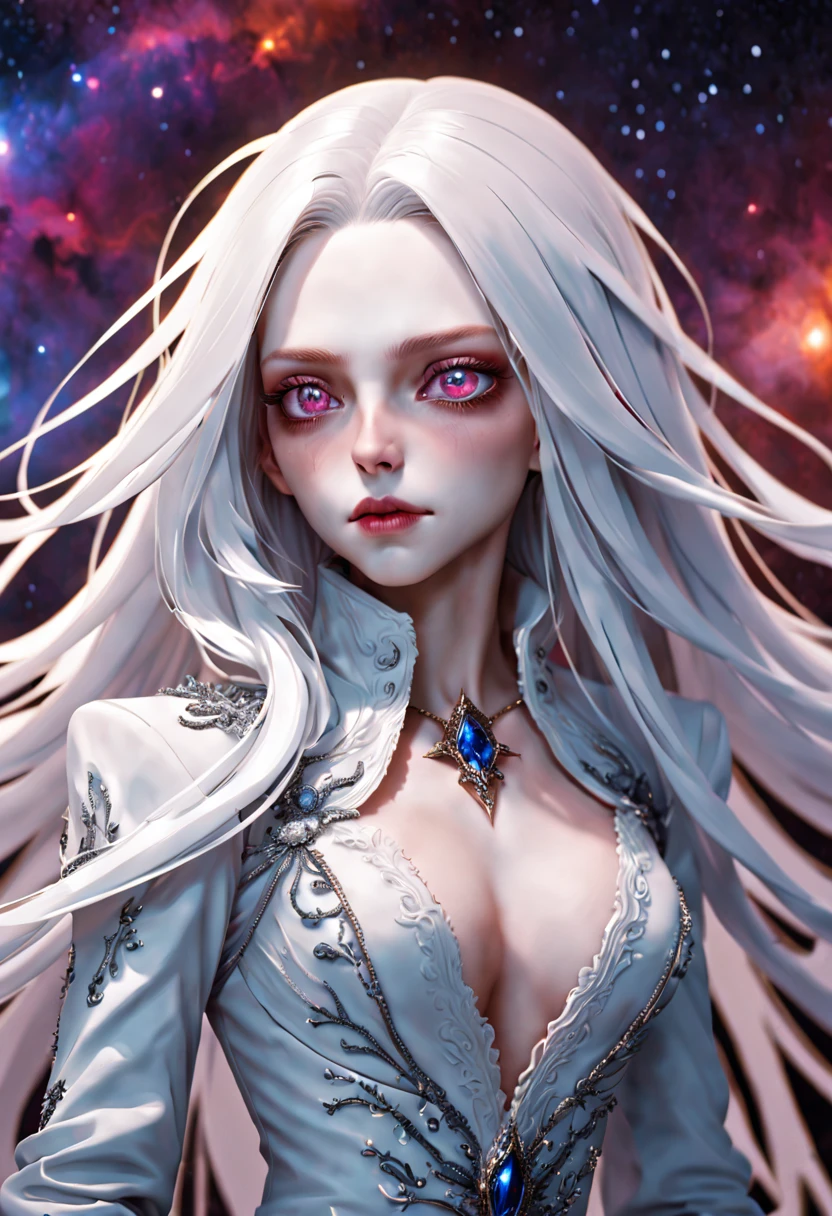 Crazy detailed photos of a gorgeous vampire alien, reuthentic, Long white hair, complicated eye roll, dream-like, Ethereal, ultra - detailed的, 32K resolution, 动态照明, ultra - detailed, 错综Complicated details, Hot topics on artstation, white luxury suit, Volumetriclighting, BalenciagaStyle, cosmic nebula background, As estrelas, galaxias, Complicated details,