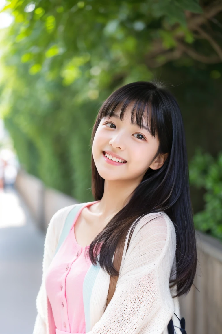 early summer、a beauty girl、15yo student、Open your mouth a little、Black hair straight long hair、White summer dress、light pink summer cardigan、