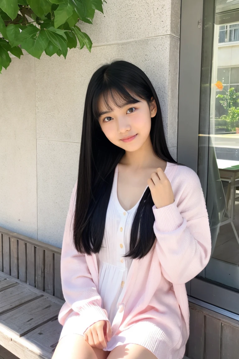 A female elementary school student with long black hair who is sitting and giving her right hand while smiling sadly.