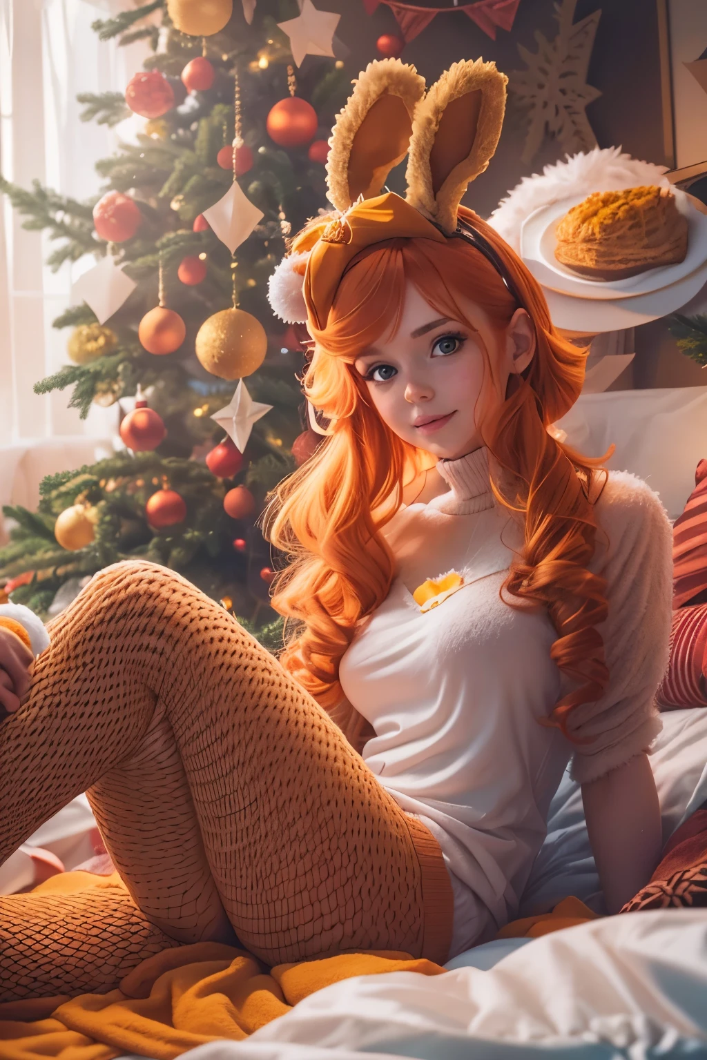 there is a woman in a bunny costume sitting on a bed, highly realistic. live cam, she is posing, amouranth, webcam footage, christmas, sitting on her bed, playful and cheerful, cute young redhead girl, sitting on the bed, ginger hair and fur, better known as amouranth, young and cute girl, christmas night, fluffy orange skin