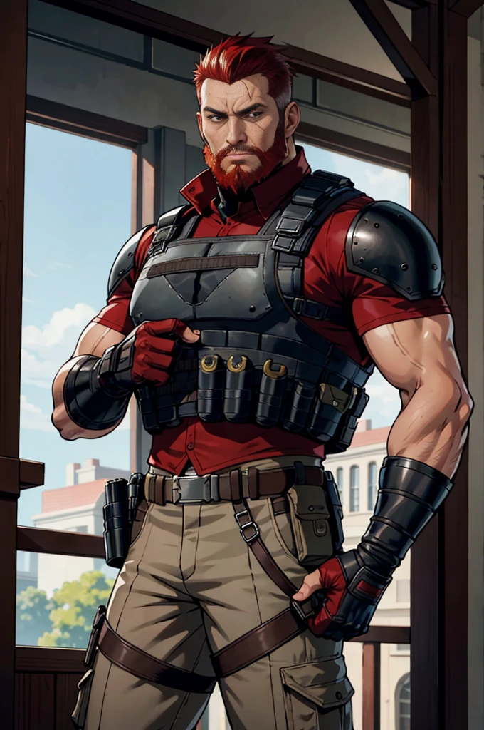 Resident Evil style, ((one 36 year old male)), buzz cut, red hair, thick beard, gray eyes, tactical combat gear, shirt, finger-less gloves, bulletproof vest, standing in a mansion