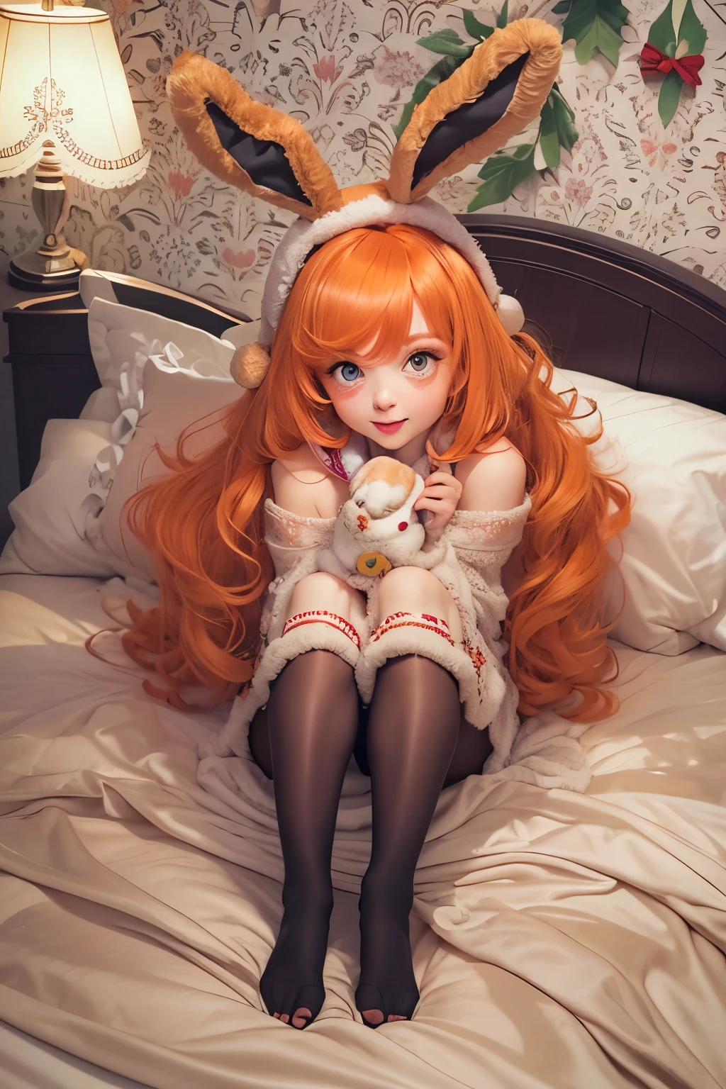 there is a woman in a bunny costume sitting on a bed, highly realistic. live cam, she is posing, amouranth, webcam footage, christmas, sitting on her bed, playful and cheerful, cute young redhead girl, sitting on the bed, ginger hair and fur, better known as amouranth, young and cute girl, christmas night, fluffy orange skin