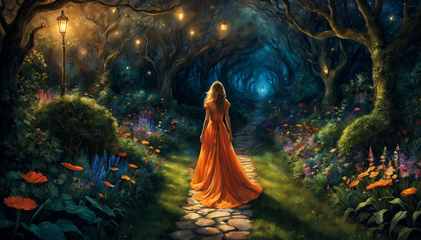 1 girl "Michelle Pfeifer com vestido Laranja longo", pintura: Uma encantadora obra de arte representando uma garota vestindo seda, a view of a path with a path leading to a garden with trees and flowers, Jardim encantado, fantasy gorgeous lighting, paisagem natural noturna, enchanted magical fantasy forest, Wonderland at night, very magical and dreamy, caminho, Lovely lighting, magical ambiance, paisagem lindamente iluminada, foto muito bonita, magic lighting, belo jardim, papel de parede bonito, magical ambiance
