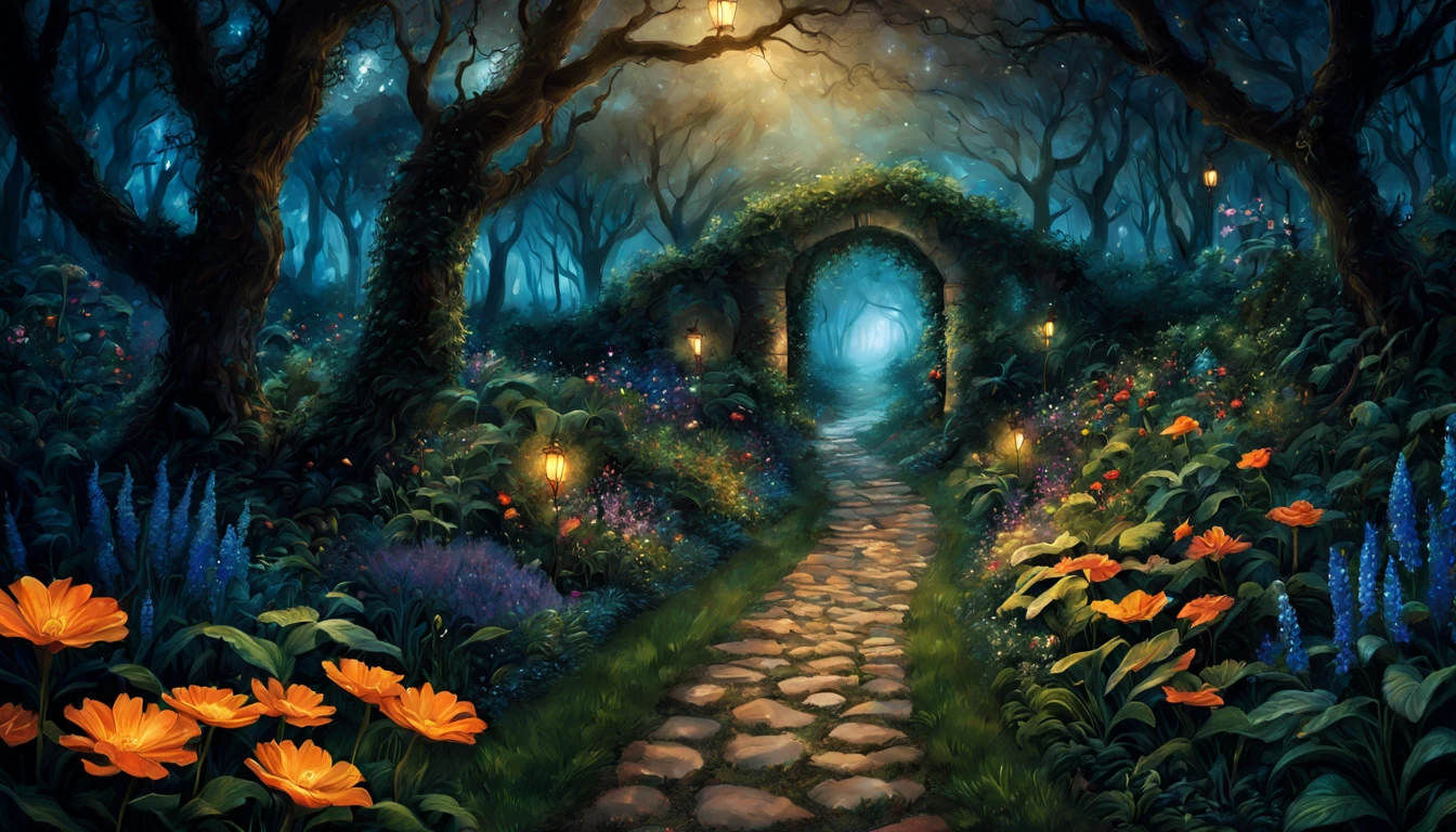 1 girl "Michelle Pfeifer com vestido Laranja longo", pintura: Uma encantadora obra de arte representando uma garota vestindo seda, a view of a path with a path leading to a garden with trees and flowers, Jardim encantado, fantasy gorgeous lighting, paisagem natural noturna, enchanted magical fantasy forest, Wonderland at night, very magical and dreamy, caminho, Lovely lighting, magical ambiance, paisagem lindamente iluminada, foto muito bonita, magic lighting, belo jardim, papel de parede bonito, magical ambiance