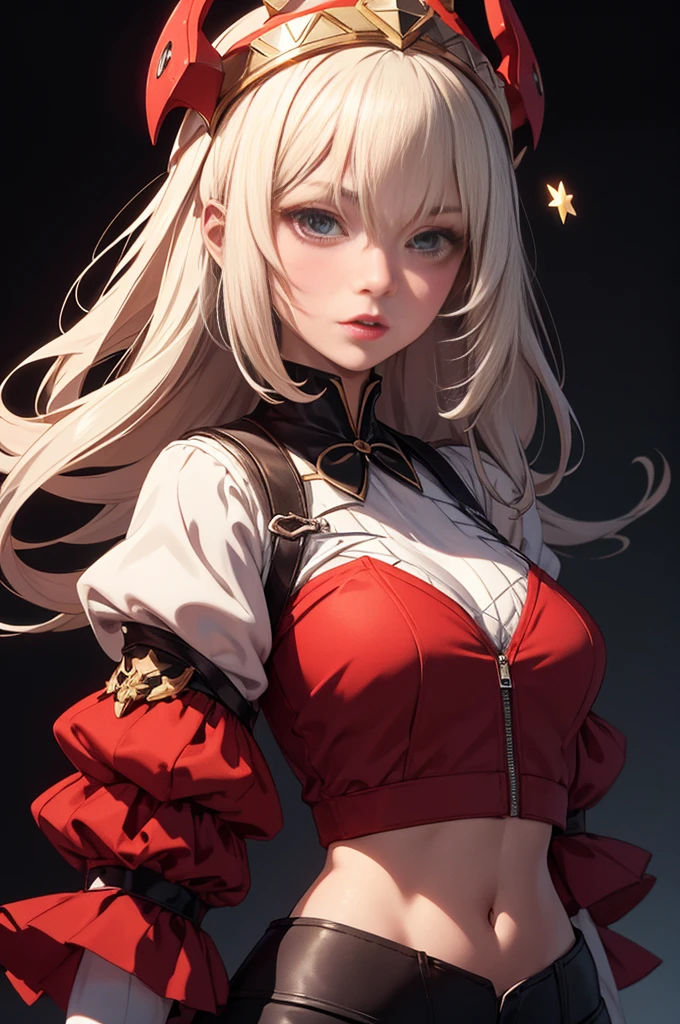 ((extreme detail)),(ultra-detailed), extremely detailed CG unity 8k wallpaper, velvet, figurine, red hood, crop top, star headdress, puffy sleeves, lips, looking away, close-up, head turn, black background