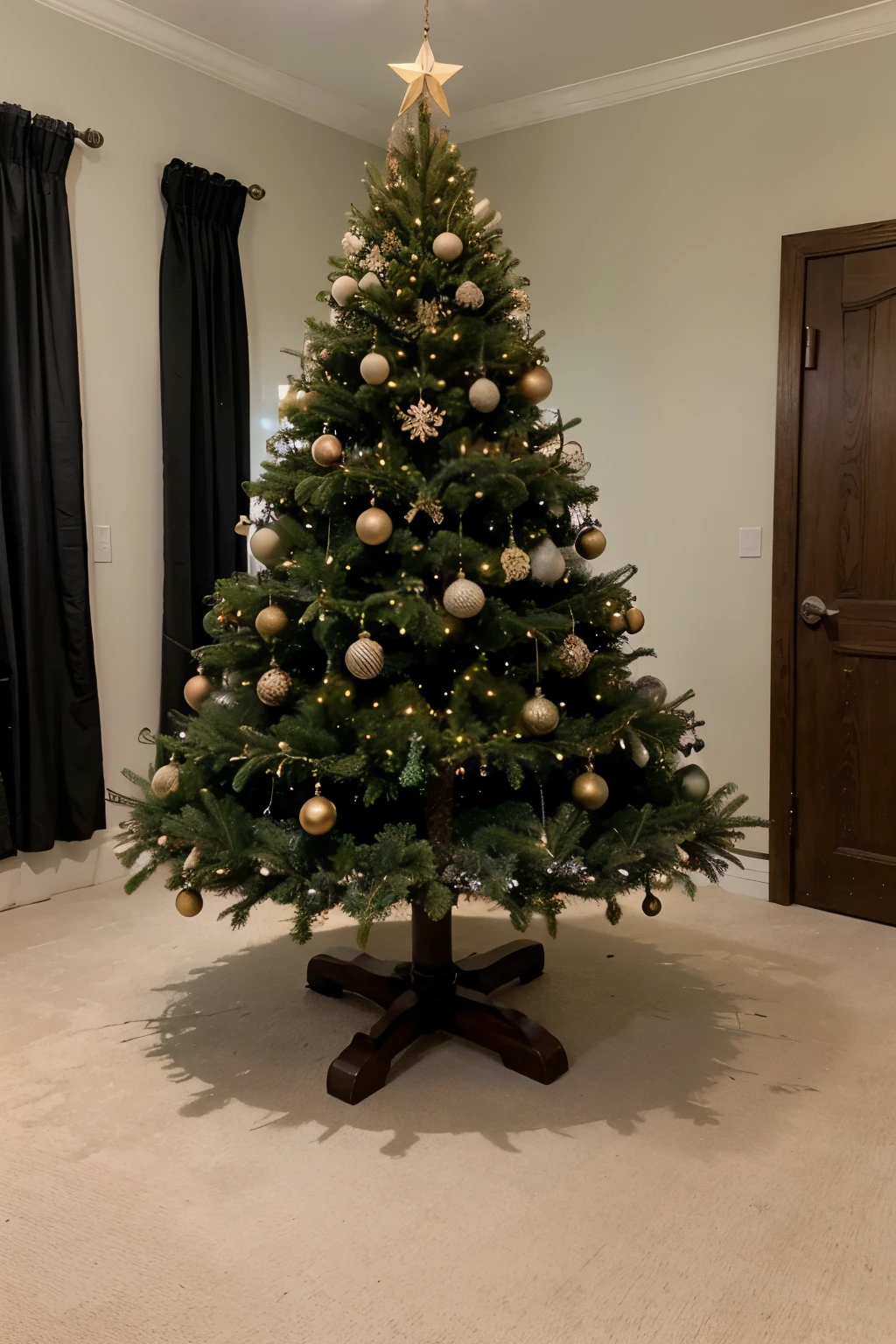 Ultra realistic green and full Christmas tree.
Com luzes vermelhas