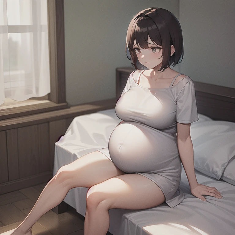 masterpiece, best quality, 1girl, solo, mature female, tomboy, straight hair, short hair, dark hair, dark eyes, pregnant, plump, white maternity gown, waiting room, frown, looking down, sitting