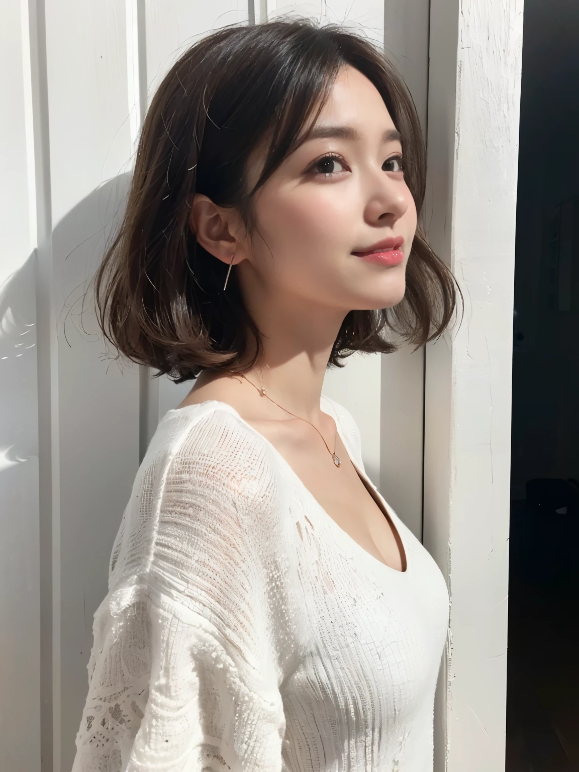 Masterpiece, Photogravure, High quality, Ultra-high resolution, 8K, Realistic, (Intricate details: 1.2), A skinny Japanese actress, 40 years old, {short|long} hair, cute face, detailed face, beautiful eyes, detailed eyes, slender body, hourglass figure, anatomically correct body structure, (wearing a loose knit camisole next to the skin: 1.4), obscene pose, (tilted head: 1.2), looking into the camera. a photo captured at a refreshing room filled with sunlight, white floor, white walls, house hold items, (plants: 0.8), in summer. full-body photo from various angles