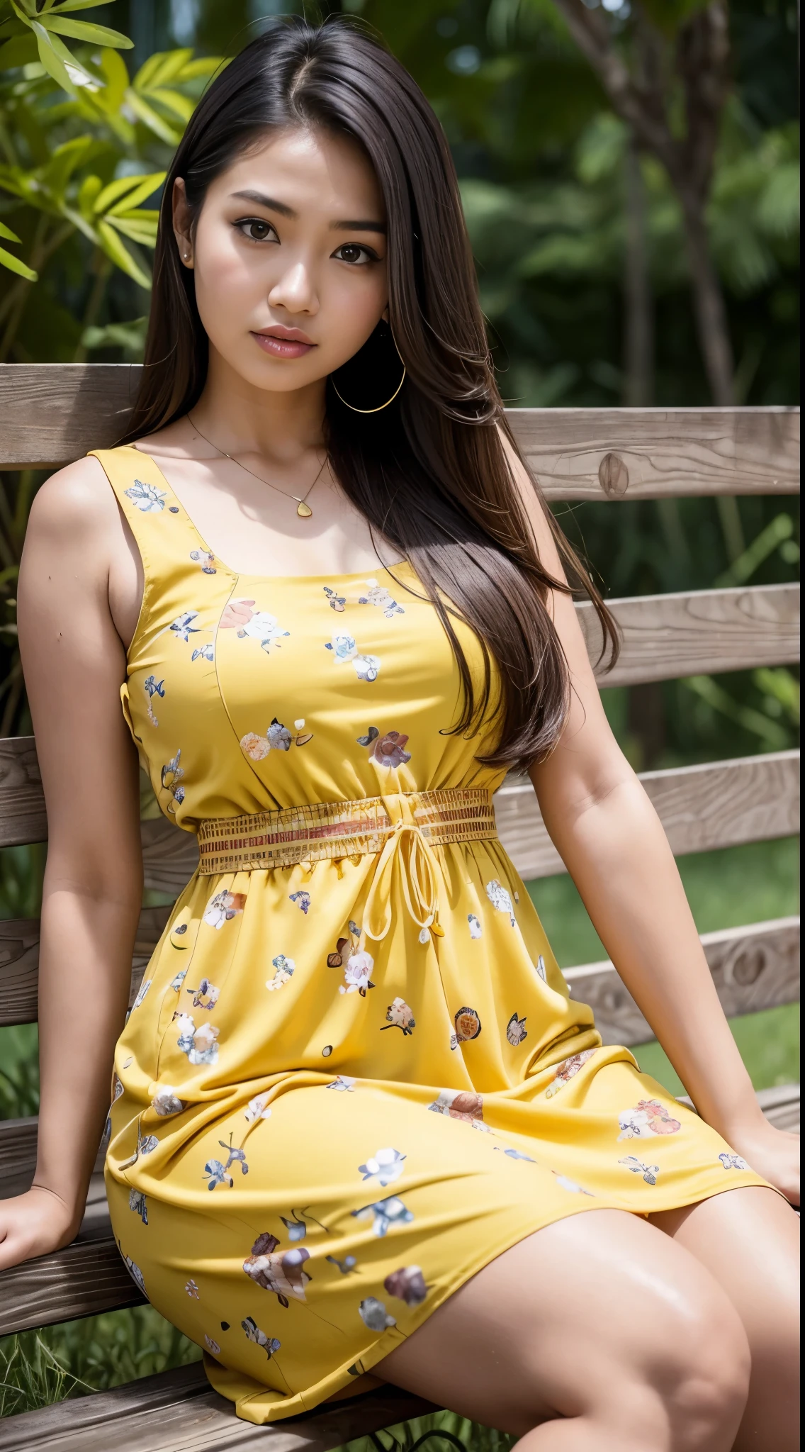 RAW, Best quality, high resolution, masterpiece: 1.3), beautiful Malay woman, Masterpiece, perfect fit body, big breasts, beautiful big eyes, long hair, brown hair, open stand, Soft smile, thick thighs, woman sitting in the park in a dark yellow floral patterned dress, she is about 2 0 years old, she is about 20 years old, pale skin Malay girl, smooth pink skin, beautiful woman, wearing a dark yellow dress, beautiful Malay woman, she is about 2 , she about 30 years old, he is about 3 0 years old