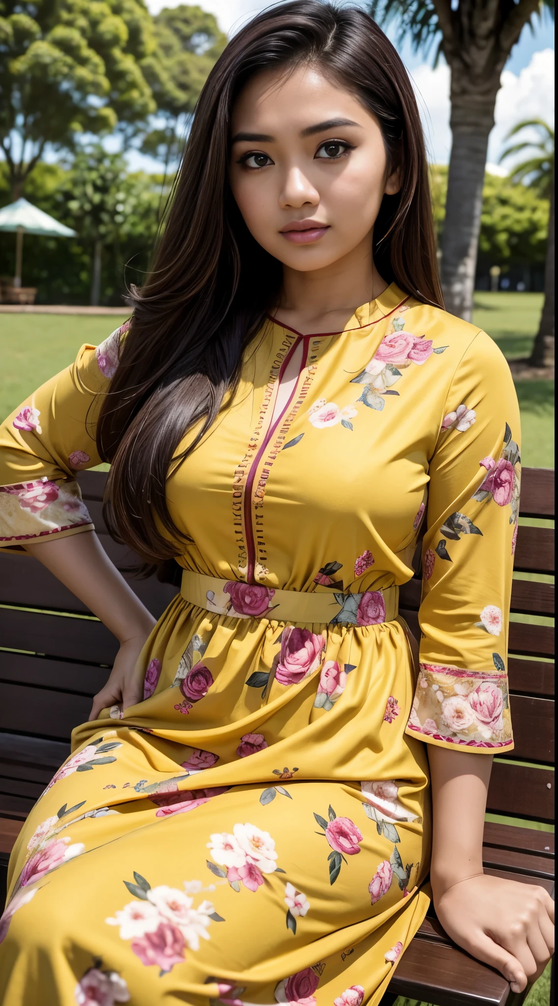 RAW, Best quality, high resolution, masterpiece: 1.3), beautiful Malay woman, Masterpiece, perfect fit body, big breasts, beautiful big eyes, long hair, brown hair, open stand, Soft smile, thick thighs, woman sitting in the park in a dark yellow floral patterned dress, she is about 2 0 years old, she is about 20 years old, pale skin Malay girl, smooth pink skin, beautiful woman, wearing a dark yellow dress, beautiful Malay woman, she is about 2 , she about 30 years old, he is about 3 0 years old