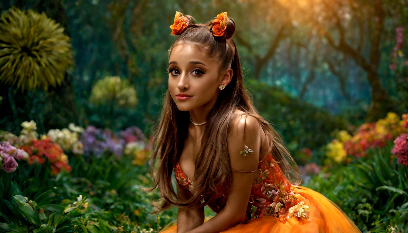 1 girl "Ariana Grande com vestido laranja longo", pintura: Spring is colorful, com uma flor vermelha destacando-se entre as demais. Jardim encantado, fantasy gorgeous lighting, paisagem natural noturna, enchanted magical fantasy forest. A foto captura a cena em 8K, with ultra-high definition details and natural lighting. The garden background is blurred.