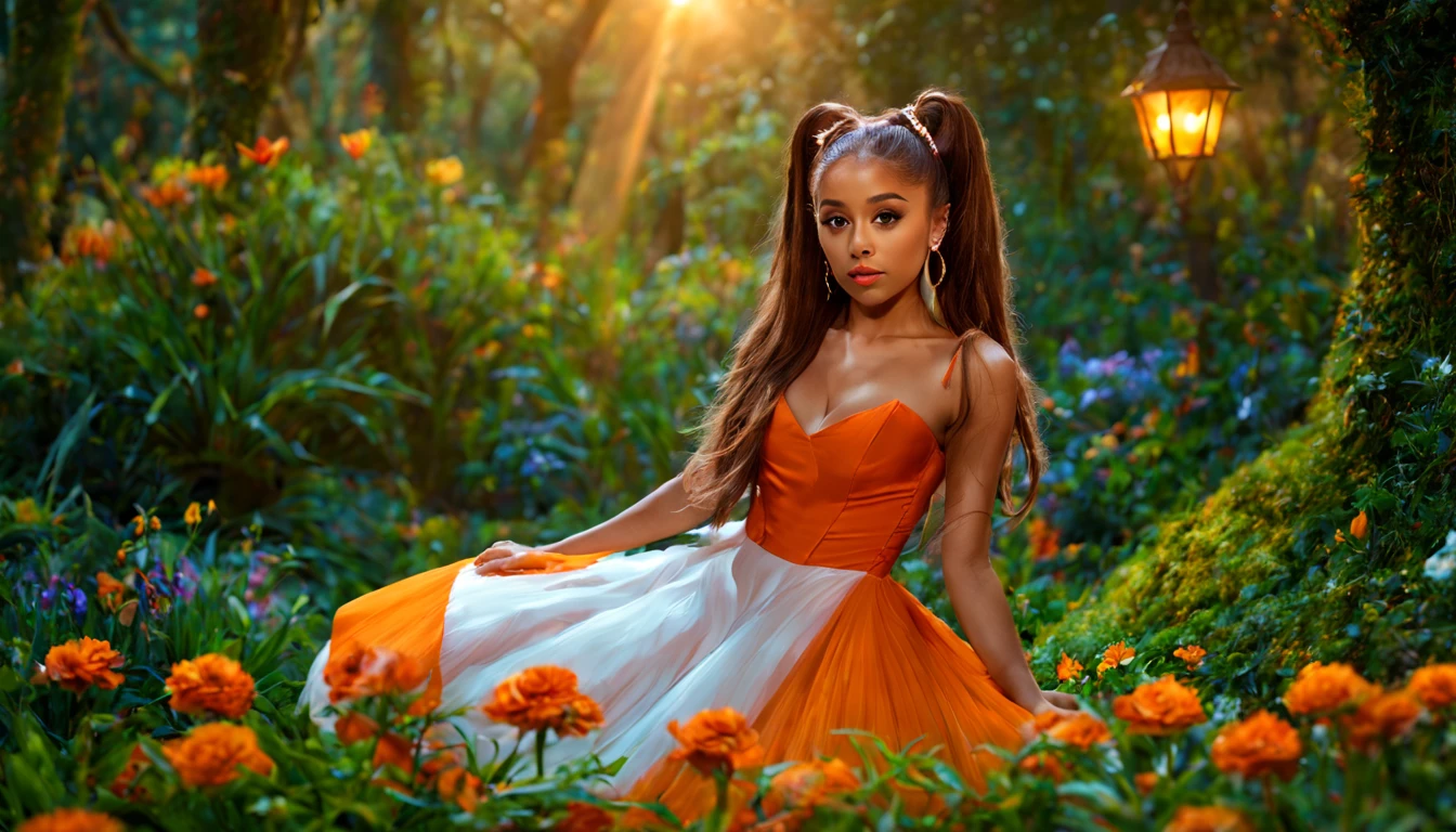 1 girl "Ariana Grande com vestido laranja longo", pintura: Spring is colorful, com uma flor vermelha destacando-se entre as demais. Jardim encantado, fantasy gorgeous lighting, paisagem natural noturna, enchanted magical fantasy forest. A foto captura a cena em 8K, with ultra-high definition details and natural lighting. The garden background is blurred.