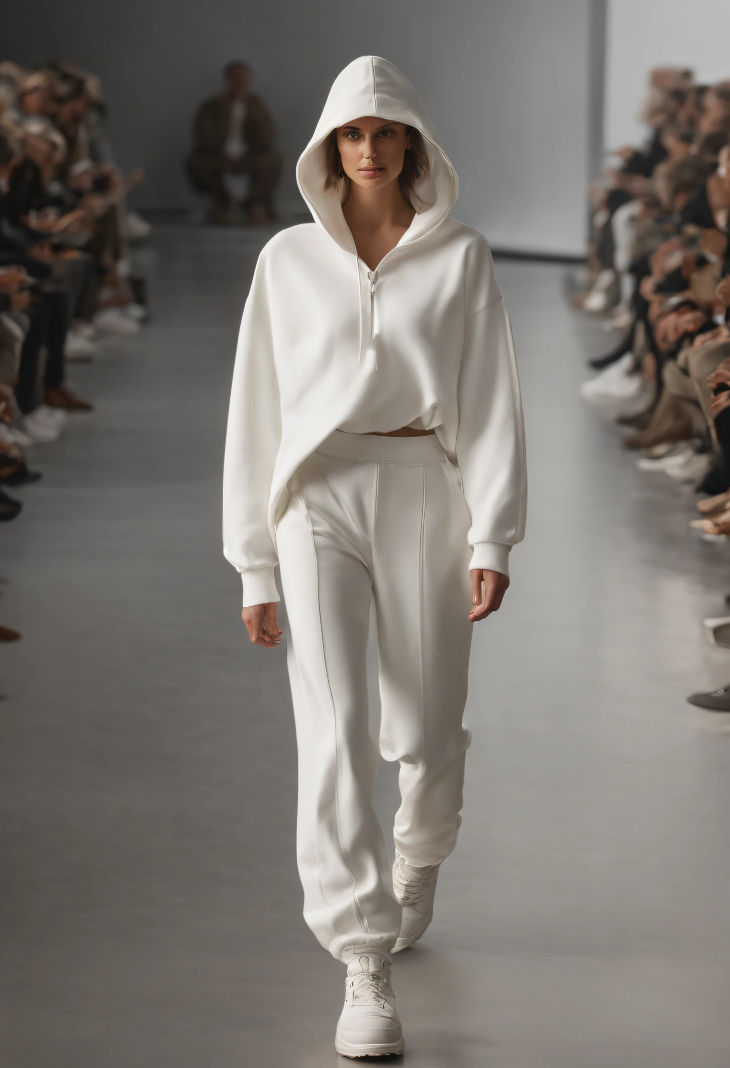 woman in a white sweatshirt and trousers, a painting, inspired by Emanuel de Witte, dau-al-set, productphoto, Dolman, drake, full-length photo, product introduction photo, In the style of Dora Maar, productphoto в высоком разрешении, with text, Neutral color, Genesis, army, 2019, Off-white, dark tone, official