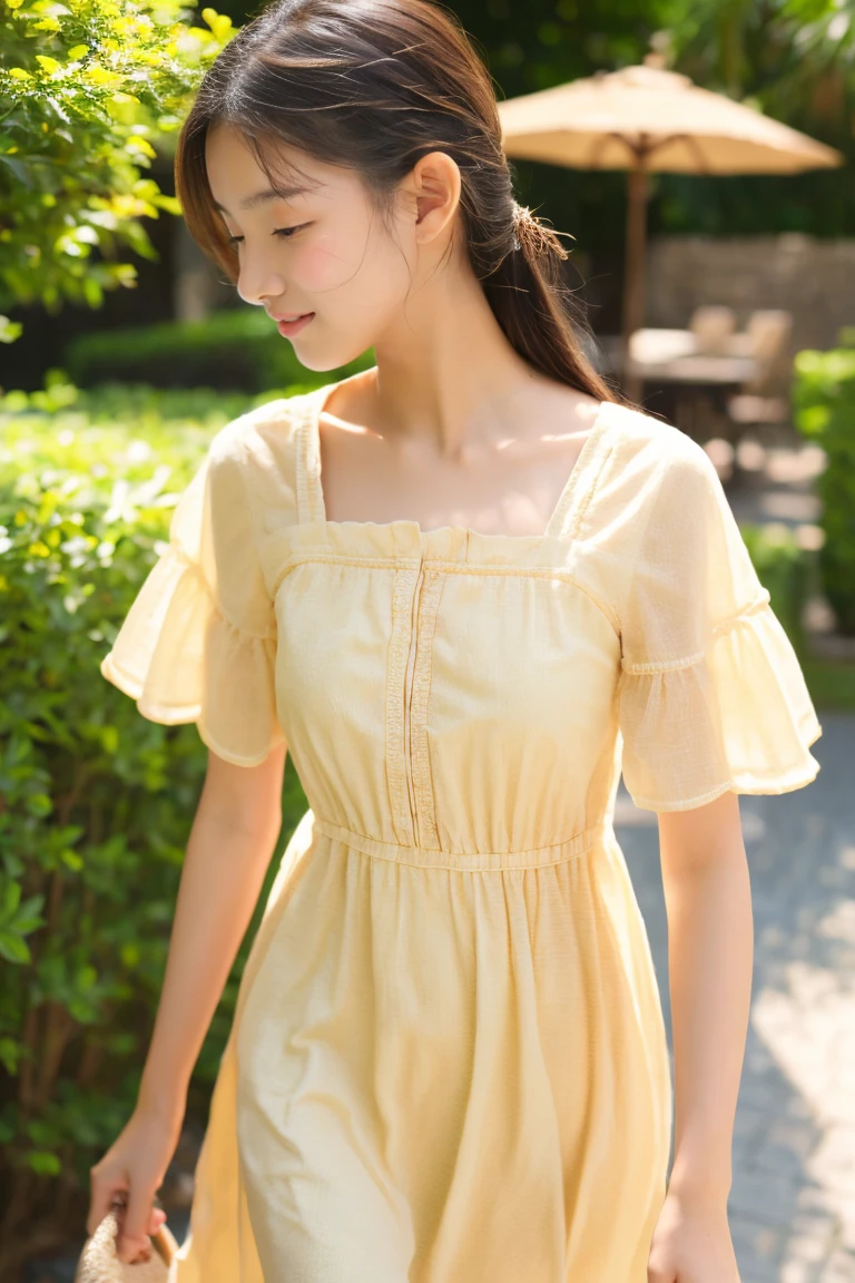 early summer、a beauty girl、15yo student、Open your mouth a little、Beige summer dress with short sleeves、Long、heavy wind、