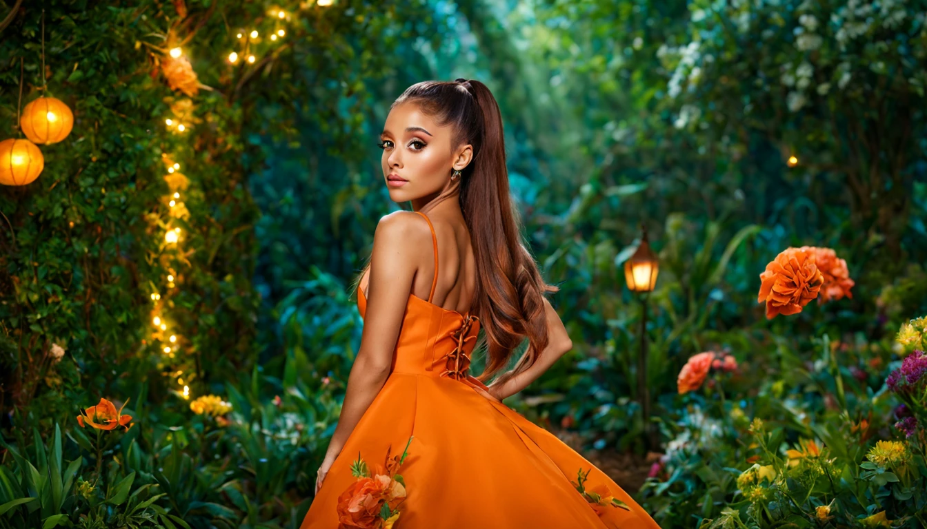 1 girl "Ariana Grande com vestido laranja longo", pintura: Spring is colorful, com uma flor vermelha destacando-se entre as demais. Jardim encantado, fantasy gorgeous lighting, paisagem natural noturna, enchanted magical fantasy forest. A foto captura a cena em 8K, with ultra-high definition details and natural lighting. The garden background is blurred.
