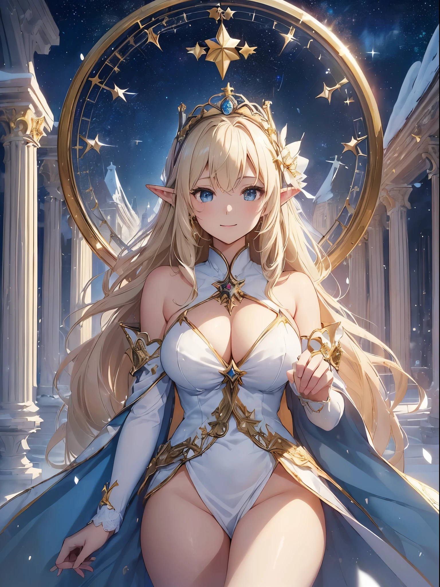 top-quality、Top image quality、​Butterpiece、Super beautiful elf beauty((24 year old、santa costume、santa hat、Best Bust、big bast、Bust 90,beautiful blue long ironed hair、a blond、globe、A A sexyは、A slender、a closeup、Esbian、beautiful tiara、hiquality、Beautiful Art、Background with((starrysky)))Bututepiece、visualart、depth of fields、low angle night sky、、Elven ears、、light magic、Space Knight、harp melody🎵、Happy smile、Gentle light、、Beautiful legs that are gentle on the skin、、、Number of fingers to achieve precise finger movements、ティッカーBeautiful decoration、elegent、Mystical　　field under the flower garden、Marble pillars, beautiful dressy、Snowy landscape in winter、byzantine art、art noveau、Temple of Time、Great watch、hour glass、sundial、NSFW.A sexy、ChristBut、ChristButツリー、Beautiful decoration,santa dress 1.3,X,But