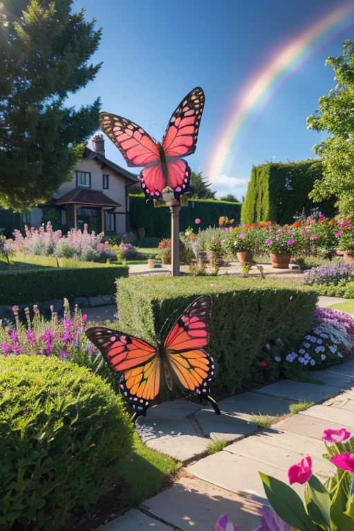 A rainbow butterfly flying in the garden before a house, very detailed, 4K realistic