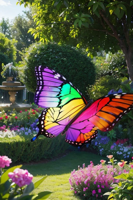 A rainbow butterfly flying in the garden before a house, very detailed, 4K realistic