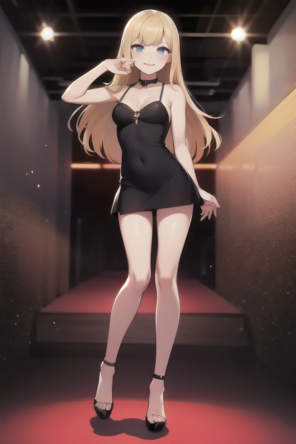 masterpiece, best quality, young blonde woman, medium hair, blue eyes, wearing a little black dress, blackdresslora, black high heels, looking at viewer, smile, nightclub background, disco lighting, standing up, seductive