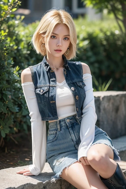 (cowboyshot: 1.2), (ANDROID_18, AND18(dragon ball z), (finely detailed beautiful eyes and detailed face), (face through thigh: 1.4), (knee shot: 1.2), blonde hair, solo, lady, (beautiful background), :), dynamic angle, blue eyes, light face, sunlight, (bright face: 1.2), very wide hips, very thick thighs, full body shot, solo, blonde hair,  blue eyes, short hair, earrings, jewelry, denim vest, open vest, (black shirt), denim skirt, (long striped sleeves), blue skirt, brown cowboy boots