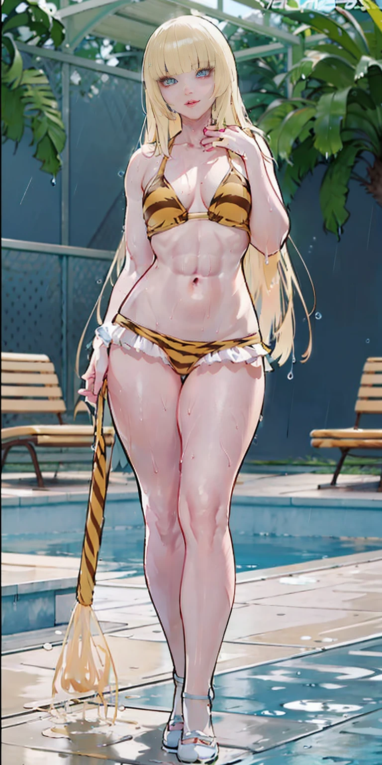 (Best quality, 4k, Masterpiece :1.3), full body standing symmetrical beautiful woman, hyper realistic, 1girl, (drooping breasts, attractive body :1.2), sit-ups :1.1, long black hair: 1.1, (wet rainy, wet by rain, wet body :1.2), ultra-detailed face, detailed lips, detailed eyes, double eyelid, low-necked dress, open neckline, hanging breasts, side pose, visible curves, pool party, poolside, yellow sunglasses, (yellow tiger bikini), muscular turned arms behind body