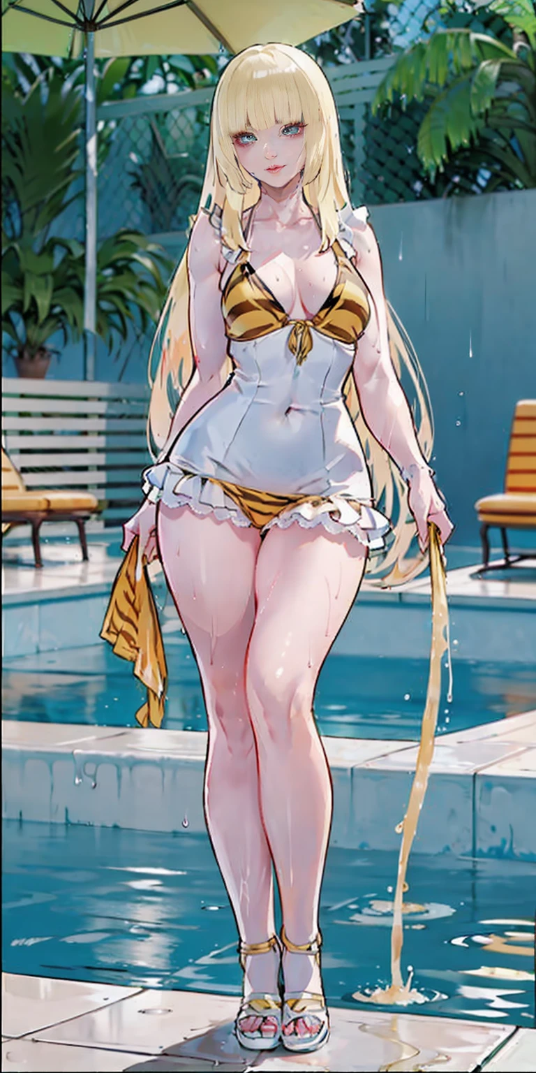 (Best quality, 4k, Masterpiece :1.3), full body standing symmetrical beautiful woman, hyper realistic, 1girl, (drooping breasts, attractive body :1.2), sit-ups :1.1, long black hair: 1.1, (wet rainy, wet by rain, wet body :1.2), ultra-detailed face, detailed lips, detailed eyes, double eyelid, low-necked dress, open neckline, hanging breasts, side pose, visible curves, pool party, poolside, yellow sunglasses, (yellow tiger bikini), muscular turned arms behind body