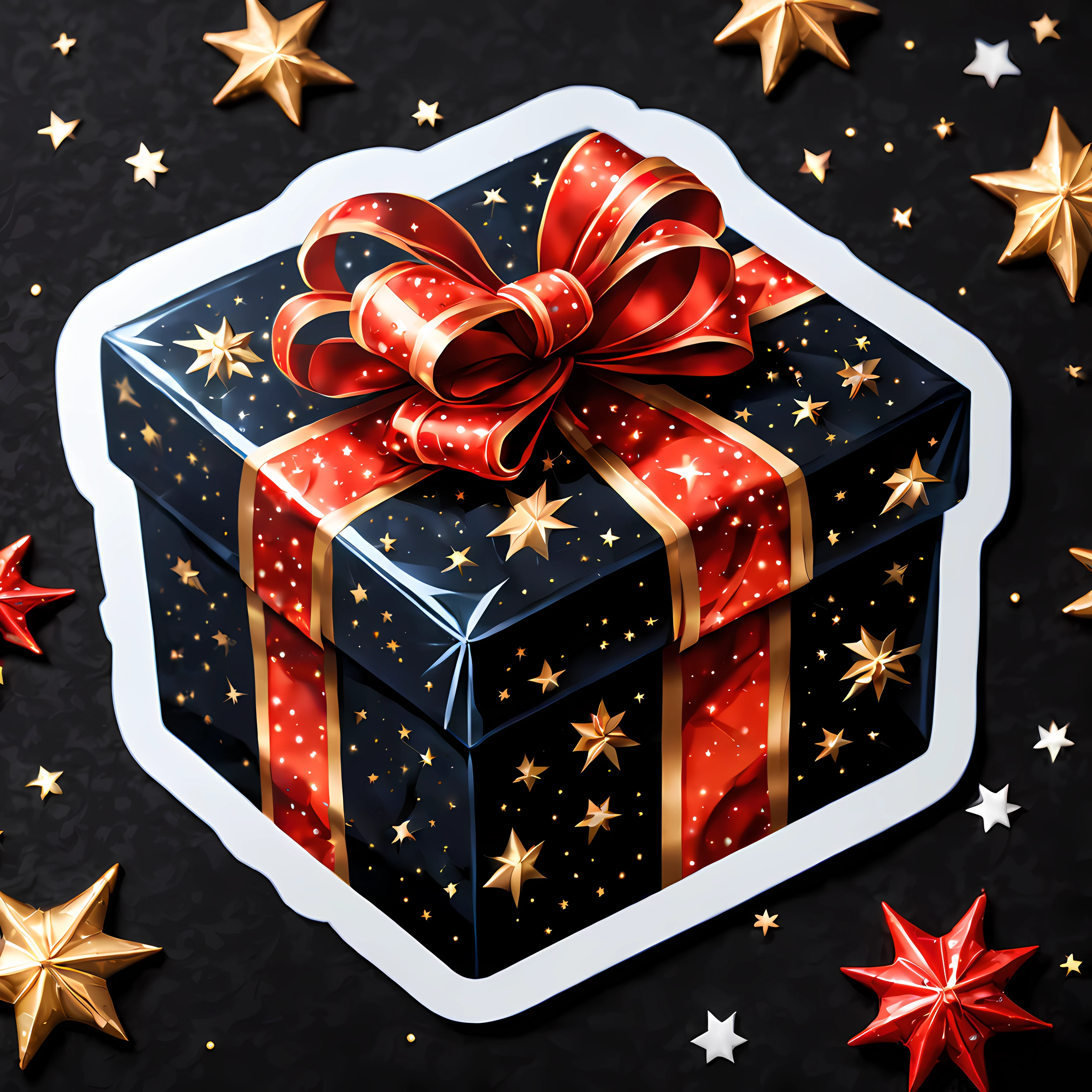 (Top-down view of a sticker lying on a table). | Masterpiece in maximum 16K resolution. | A sticker of a majestic present box, wrapped in black paper with a glossy sheen. | The red ribbon tightly embraces the box. | Spiders are printed on the box. | (Christmas starry night with shimmering stars). | More_Detail